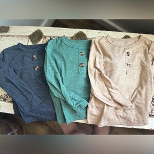 Kids 3T Long Sleeve Button Henley Shirt - Green, Blue, Tan